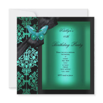 Birthday Party Jade Green Damask Butterfly Invites