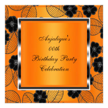 Birthday Party Orange Damask Silver Black Custom Invite