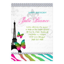 Birthday Party Paris Card Eiffel Tower Butterflies Invitations