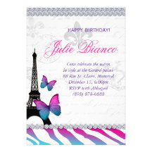 Birthday Party Paris Card Eiffel Tower Butterflies Custom Invitation