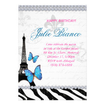 Birthday Party Paris Card Eiffel Tower Butterfly G Custom Invitation