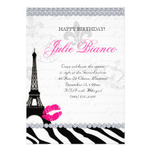 Birthday Party Paris Card Eiffel Tower Zebra Personalized Invitation