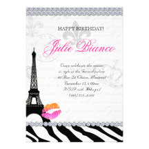 Birthday Party Paris Card Eiffel Tower Zebra OP Personalized Invitation