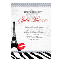 Birthday Party Paris Card Eiffel Tower Zebra Red Announcement