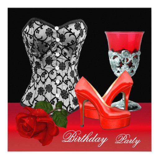 Birthday Party Red Black Shoes Corset Rose Personalized Invite