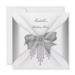 Birthday Party Silver White Diamond Bow Invite