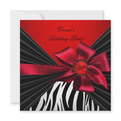 Birthday Party Zebra Elegant Red Black Bow Personalised Announcements by Zizzago