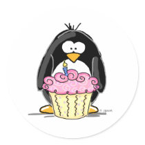 Birthday Penguin with Cupcake Sticker