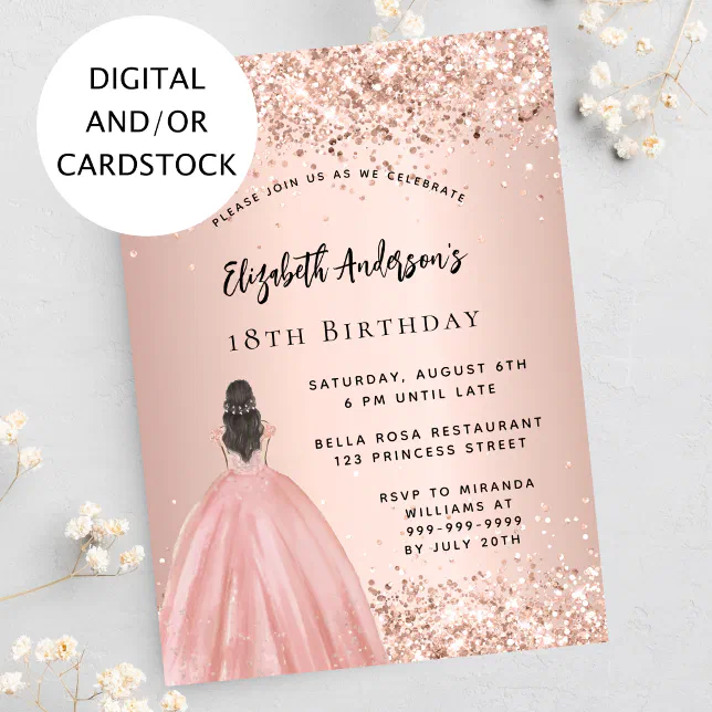 Birthday Rose Gold Glitter Princess Dress Invitation Zazzle