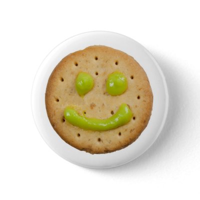 Biscuit with smiley face pinback button by joxxxxjo