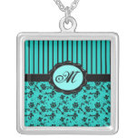 Black and Aqua Floral Striped Monogram Necklace