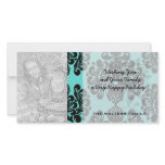 black and aqua lovely ornate blue damask personalised photo card