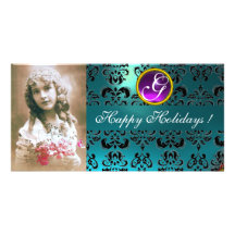BLACK AND BLUE DAMASK Amethyst Monogram Customized Photo Card