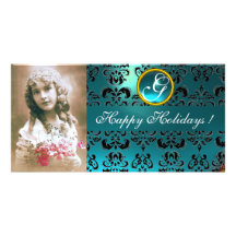 BLACK AND BLUE  DAMASK Aquamarine Monogram Photo Greeting Card