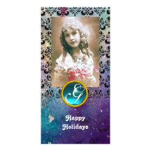 BLACK AND BLUE DAMASK  Aquamarine Monogram Customised Photo Card