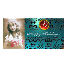 BLACK AND BLUE DAMASK Red Ruby Monogram Customized Photo Card