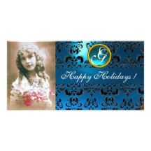 BLACK AND BLUE  DAMASK Sapphire Monogram Photo Card