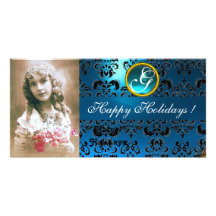 BLACK AND BLUE  DAMASK Sapphire Monogram Photo Card Template