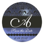 BLACK AND BLUE TOPAZ DAMASK MONOGRAM, ROUND STICKERS