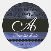 BLACK AND BLUE TOPAZ DAMASK MONOGRAM, ROUND STICKERS