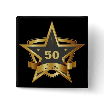 Black and Gold 50th Birthday Star Button by giftsbonanza