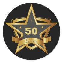 Black and Gold 50th Birthday Star Round Stickers