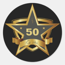 Black and Gold 50th Birthday Star Round Stickers