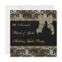 Black and Gold Bowed Damask Holiday Party Invite
