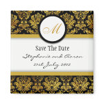 Black and Gold Damask Monogram Save The Date magnets