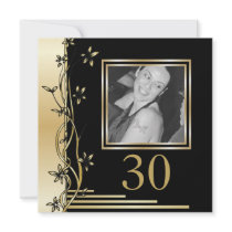 Black and gold floral 30th birthday invitation