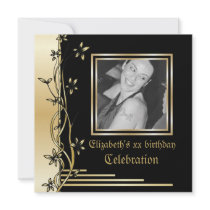 Black and gold floral border birthday invitation