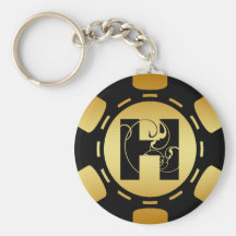 BLACK AND GOLD MONOGRAM LETTER H POKER CHIP KEY CHAINS