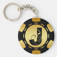 BLACK AND GOLD MONOGRAM LETTER J POKER CHIP KEYCHAIN