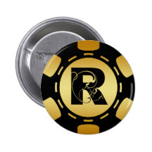 BLACK AND GOLD MONOGRAM LETTER R POKER CHIP BUTTON
