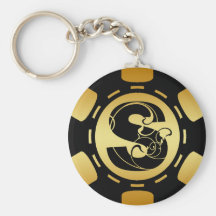 BLACK AND GOLD MONOGRAM LETTER S POKER CHIP KEY CHAINS