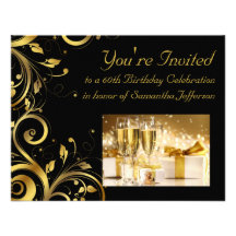 Black and Gold Swirl, Custom 60th Birthday Party Invitations