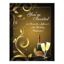Black and Gold Swirl, Custom Birthday Party Personalized Invite