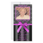 Black And Gray Damask With Hot Pink Ribbon Customized Photo Card