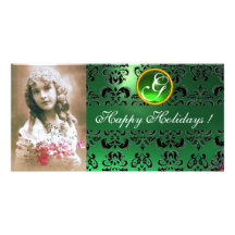 BLACK AND GREEN  DAMASK Emerald Monogram Photo Card Template