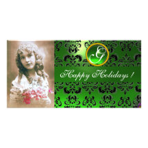 BLACK AND GREEN  DAMASK Emerald Monogram Photo Card