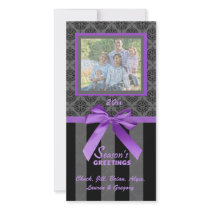 Black And Grey Damask Purple Ribbon Photo Card