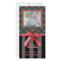Black And Grey Damask Red Ribbon Photo Card
