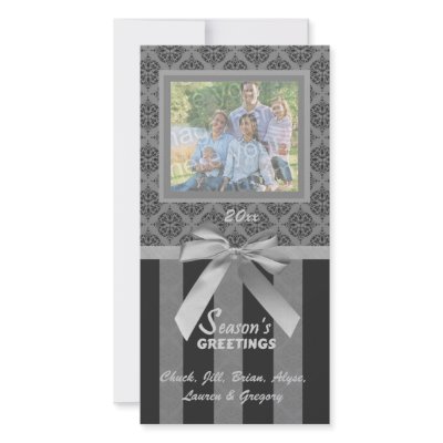 Black And Grey Damask Silver Ribbon Photo Card by malibuitalian