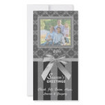 Black And Grey Damask Silver Ribbon Photo Card photo cards