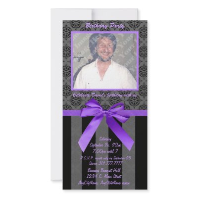 Black And Grey Damask With Purple Ribbon Personalized Photo Card by malibuitalian