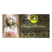 BLACK AND GREY DAMASK Yellow Topaz Monogram Photo Card Template