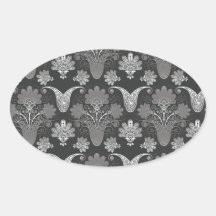 black and grey silver damask oval stickers