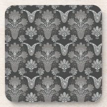 black and grey silver  paisley damask coasters