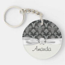 black and grey silver  paisley damask acrylic keychain