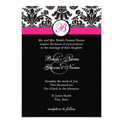 Black and Hot Pink Damask Wedding Invitation